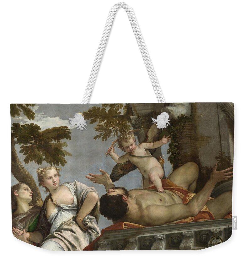 Paolo Veronese Weekender Tote Bag featuring the painting Scorn by Paolo Veronese