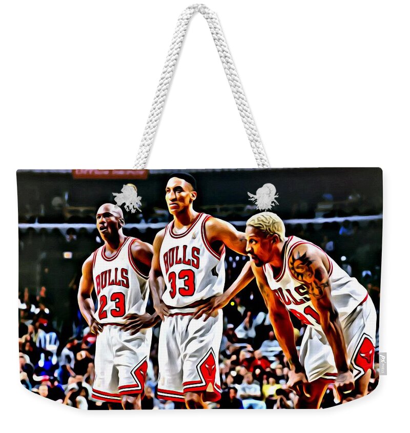 National Weekender Tote Bag featuring the painting Scottie Pippen with Michael Jordan and Dennis Rodman by Florian Rodarte