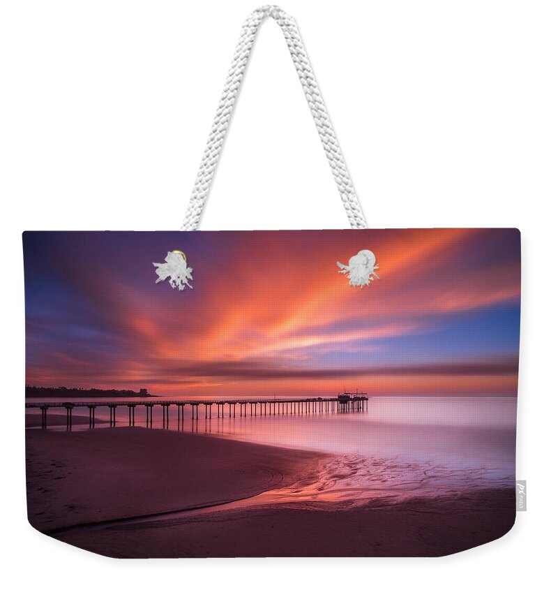 California; Long Exposure; Ocean; Reflection; San Diego; Seascape; Sky; Sunset; Surf; Clouds; Waves Weekender Tote Bag featuring the photograph Scripps Pier Sunset by Larry Marshall