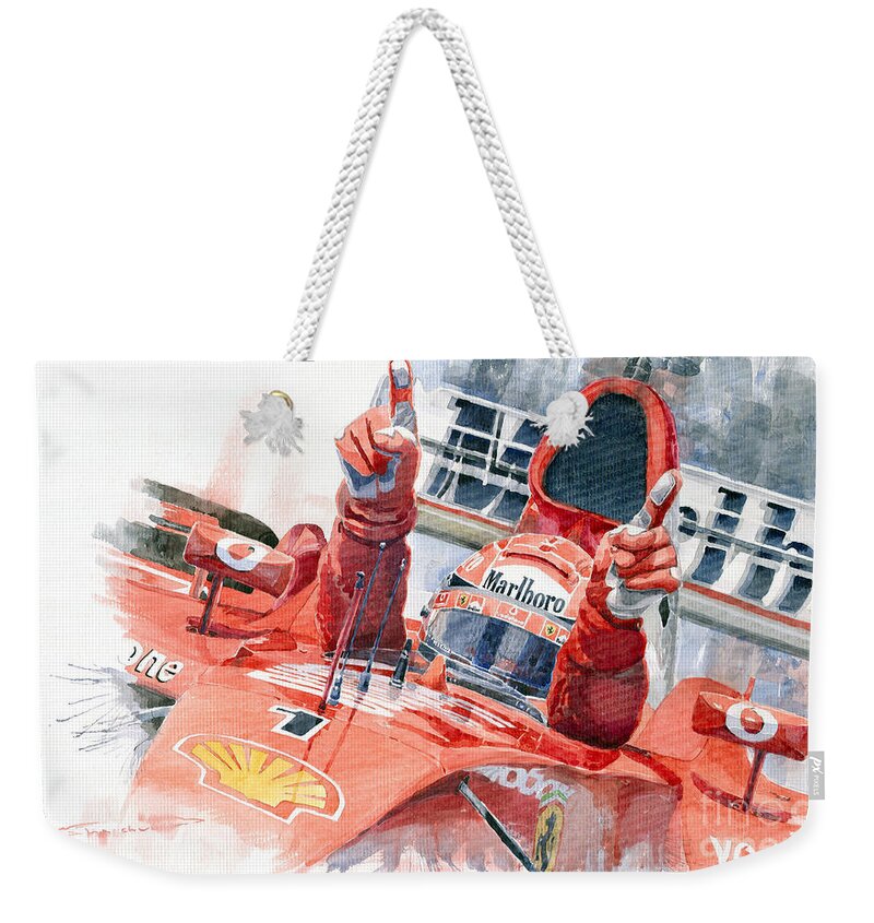 Watercolor Weekender Tote Bag featuring the painting 2001 Scuderia Ferrari Marlboro F 2001 Ferrari 050 M Schumacher by Yuriy Shevchuk