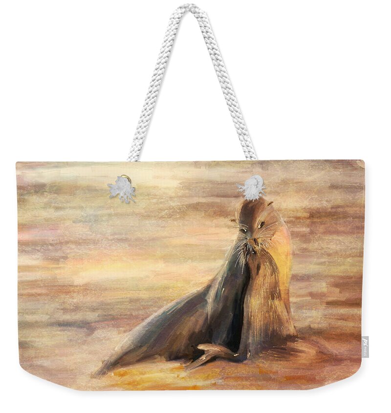 Sea Lion Weekender Tote Bag featuring the painting Sea Lion Mom and Pup Love on Galapagos Island by Angela Stanton