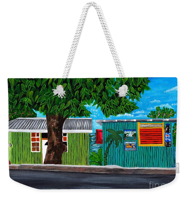 Caribbean Houses Weekender Tote Bag featuring the painting Sea-view Cafe by Laura Forde