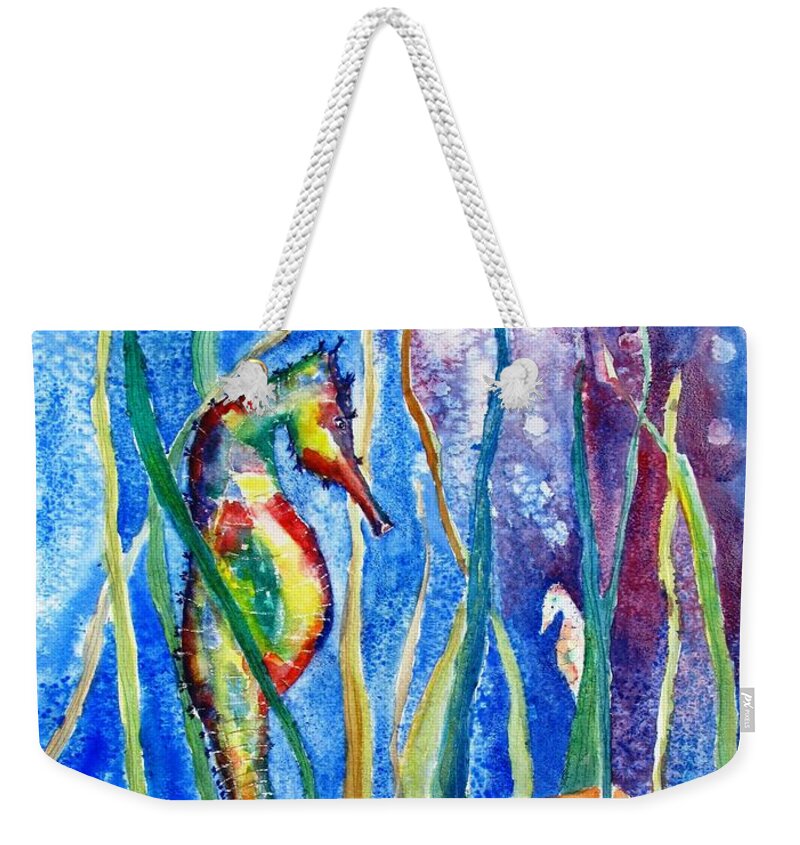 Seahorse Weekender Tote Bag featuring the painting Seahorse and Shells by Carlin Blahnik CarlinArtWatercolor