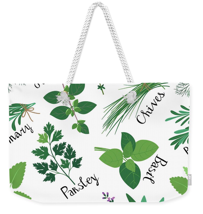 Spice Weekender Tote Bag featuring the digital art Seamless Pattern Fresh Herbs by Innabodrova