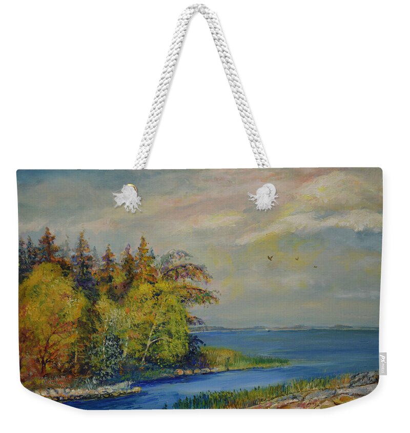 Raija Merila Weekender Tote Bag featuring the painting Seascape from Hamina 3 by Raija Merila