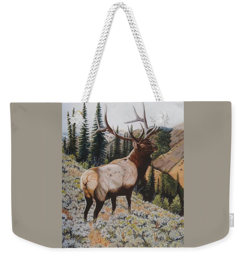 Bull Elk Weekender Tote Bag featuring the painting Seasoned Veteran by Darcy Tate