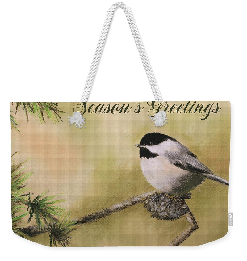 Season Weekender Tote Bag featuring the pastel Season's Greetings Chickadee by Marna Edwards Flavell