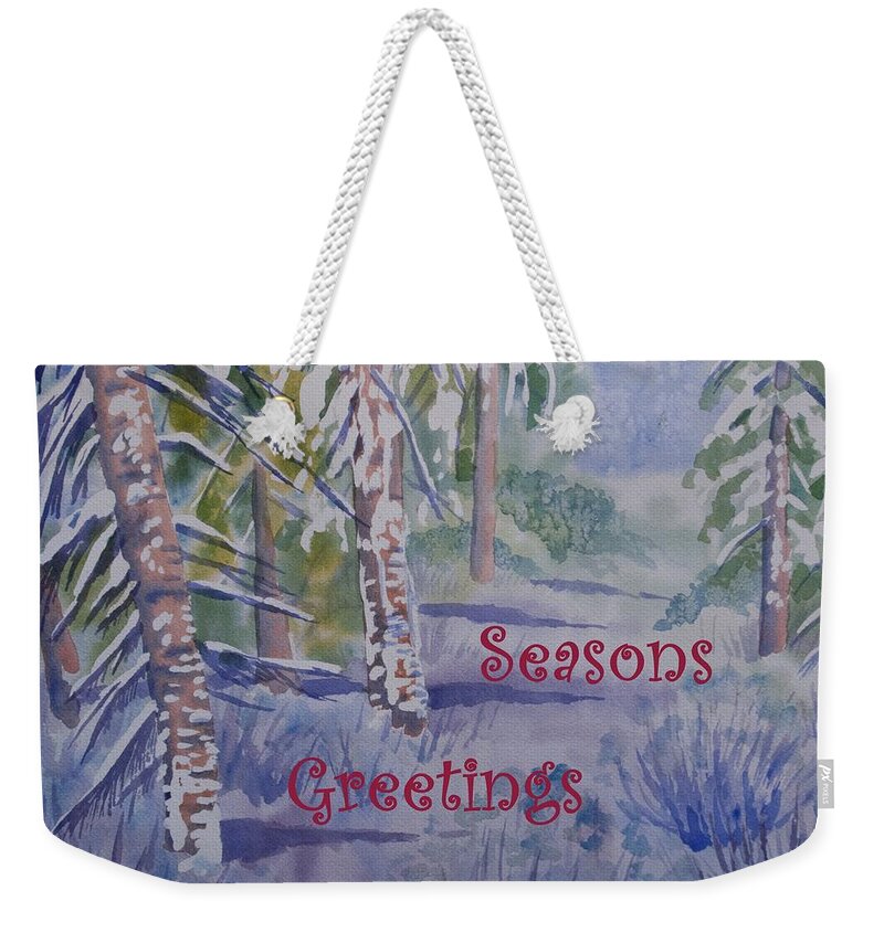 Seasons Greetings Weekender Tote Bag featuring the painting Seasons Greetings - Snowy Winter Path by Cascade Colors