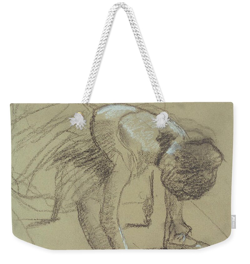 Female Weekender Tote Bag featuring the drawing Seated Dancer Adjusting her Shoes by Edgar Degas