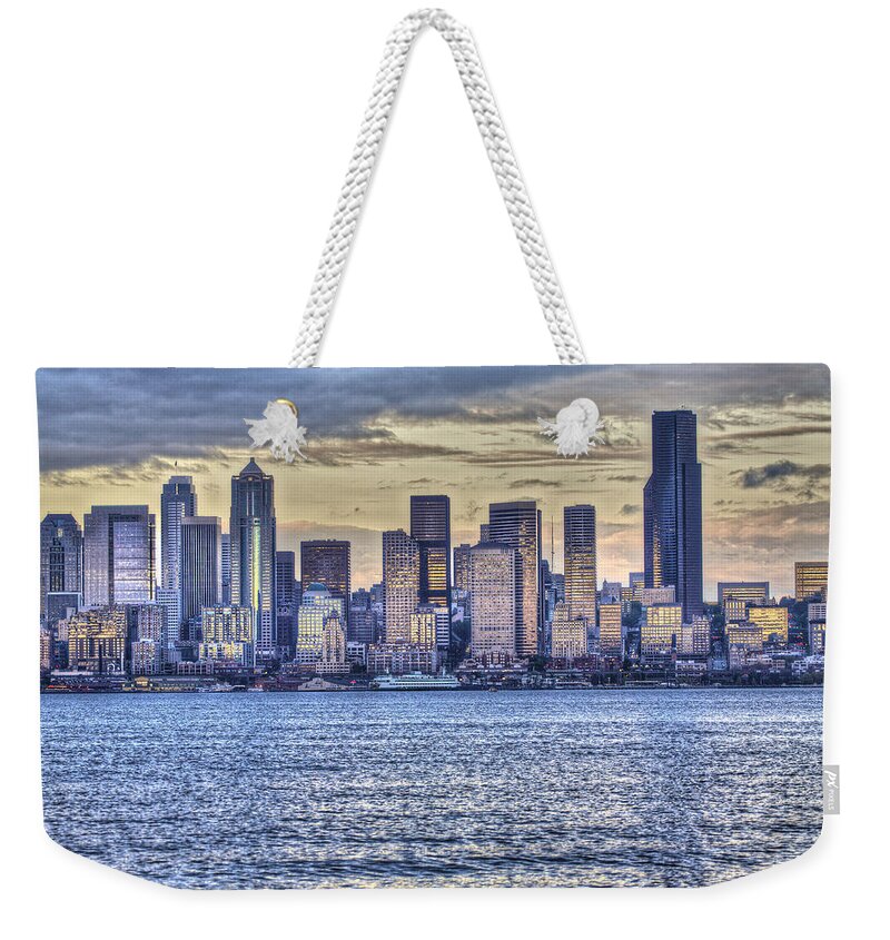 Sunset Weekender Tote Bag featuring the photograph Seattle at twilight from Alki Beach by SC Heffner