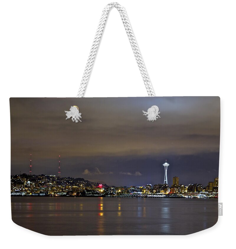 Night Photo Weekender Tote Bag featuring the photograph Seattle cityscape at night by SC Heffner