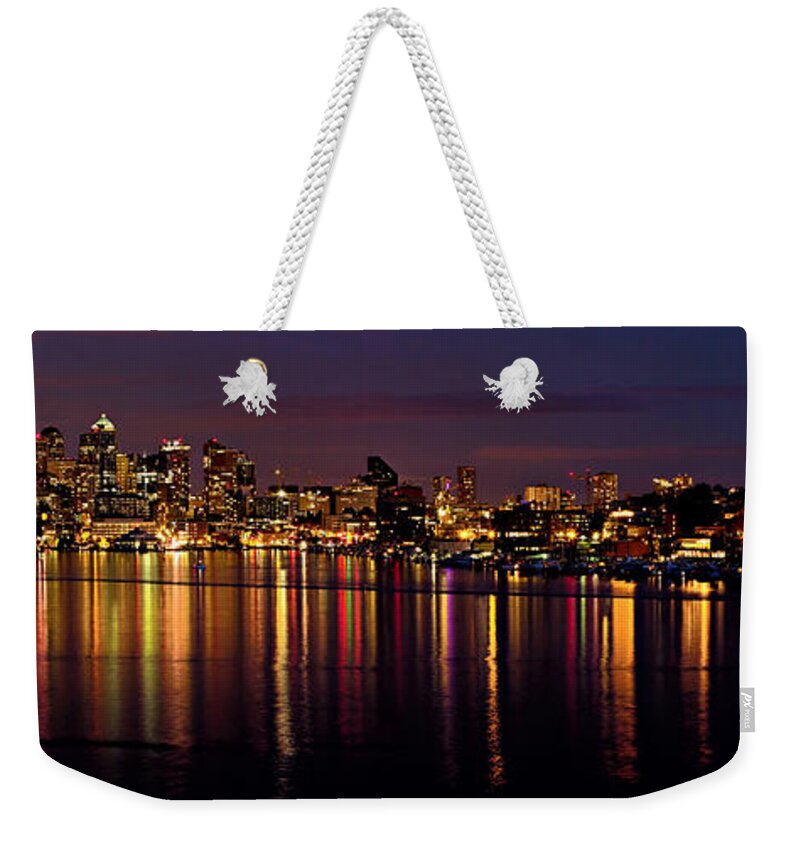 Reflection Weekender Tote Bag featuring the photograph Seattle Night Reflections by Mary Jo Allen