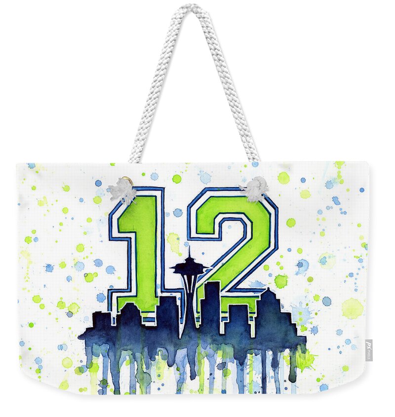 Seattle Weekender Tote Bag featuring the painting Seattle Seahawks 12th Man Art by Olga Shvartsur