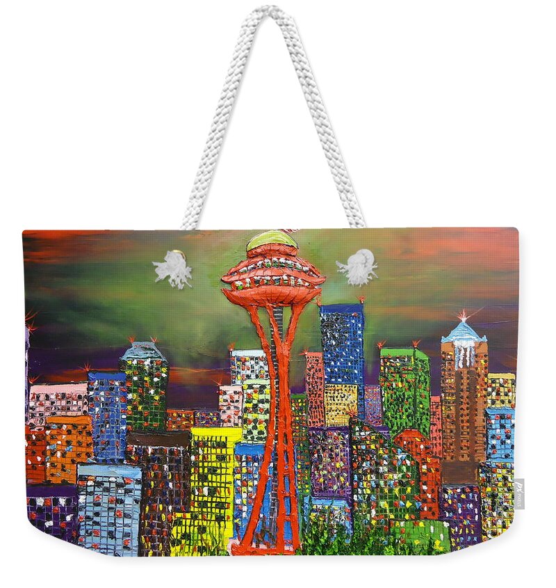 Seatlle Space Needle Weekender Tote Bag featuring the painting Seattle The Emerald City by James Dunbar
