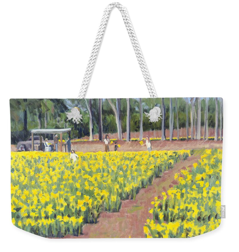 Daffodil Weekender Tote Bag featuring the painting Selling Daffodils by Candace Lovely