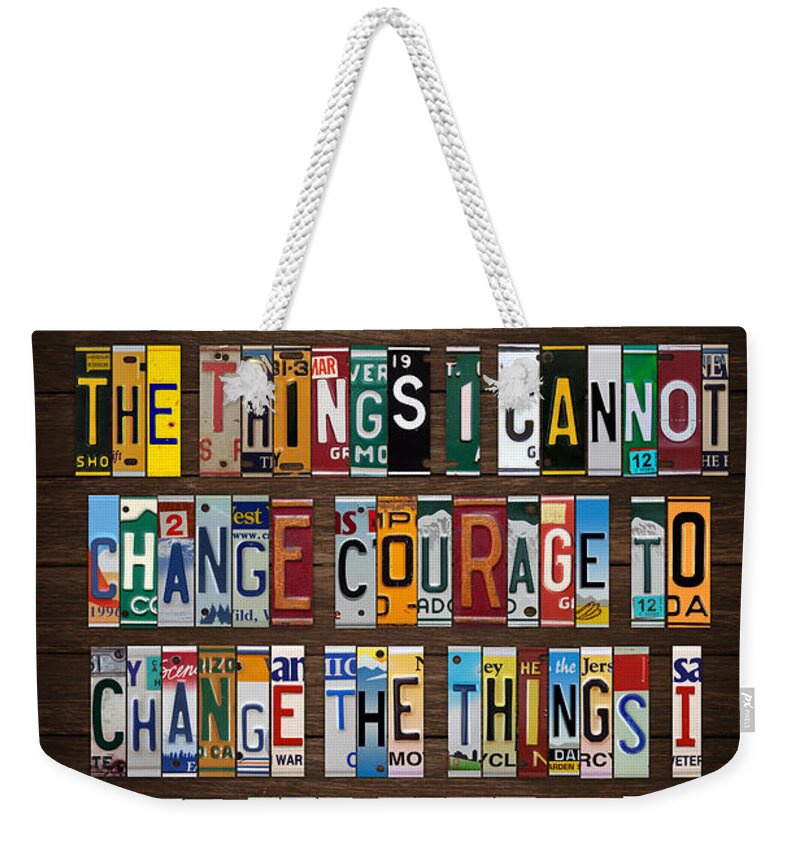 Serenity Prayer Weekender Tote Bag featuring the mixed media Serenity Prayer Reinhold Niebuhr Recycled Vintage American License Plate Letter Art by Design Turnpike