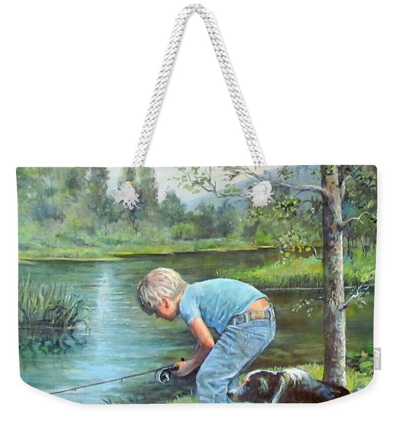 Nature Weekender Tote Bag featuring the painting Seth and Spiky Fishing by Donna Tucker