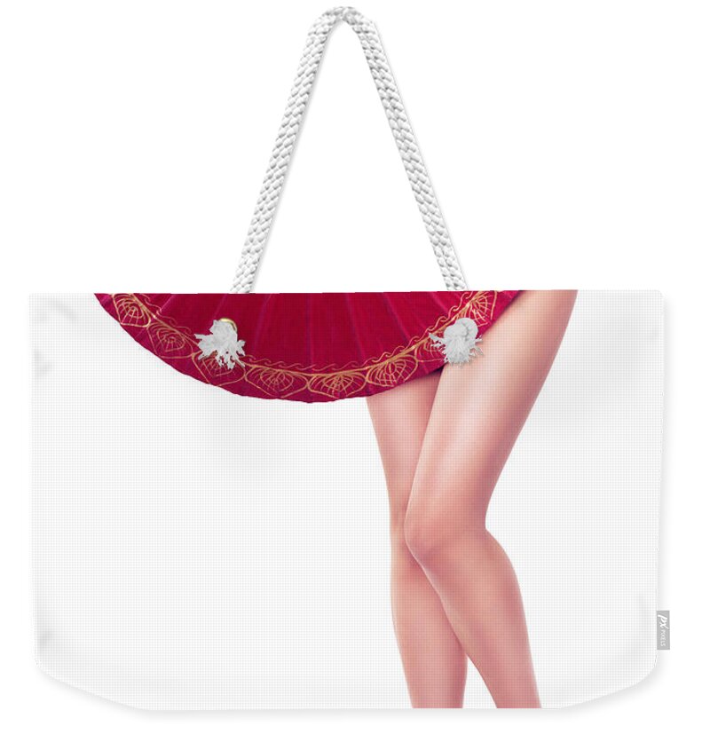 Sexy Weekender Tote Bag featuring the photograph Sexy Asian woman with red oriental umbrella by Maxim Images Exquisite Prints