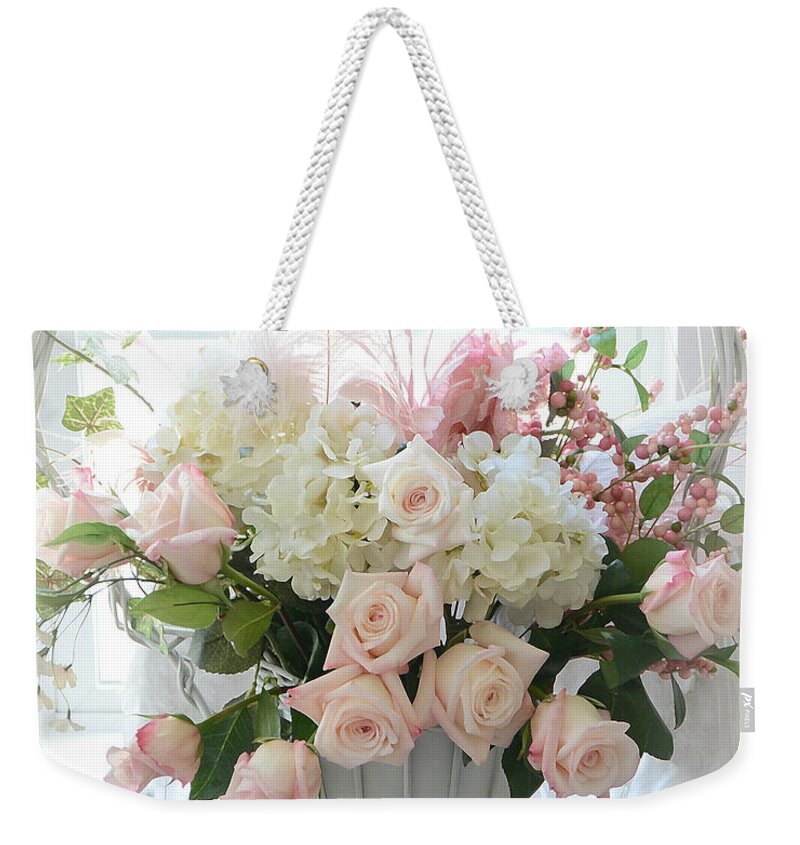 Shabby Chic Weekender Tote Bag featuring the photograph Shabby Chic Basket of White Hydrangeas - Pink Roses - Dreamy Shabby Chic Floral Basket of Roses by Kathy Fornal
