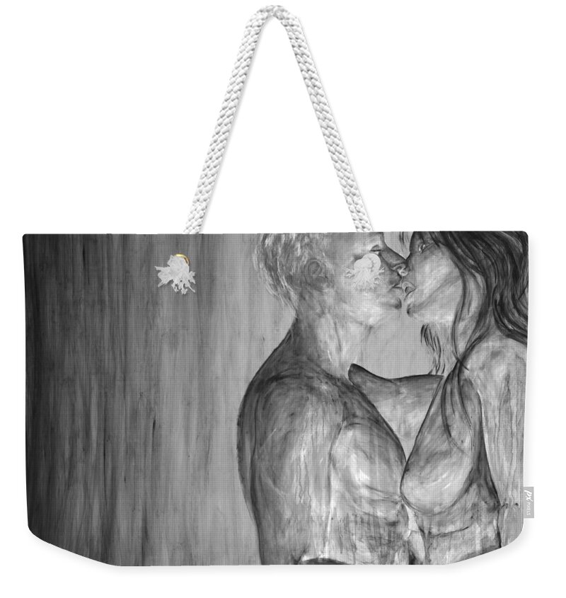 Shades Of Grey Weekender Tote Bag featuring the painting Shades of Grey - Erotic Nude Lovers by Nik Helbig