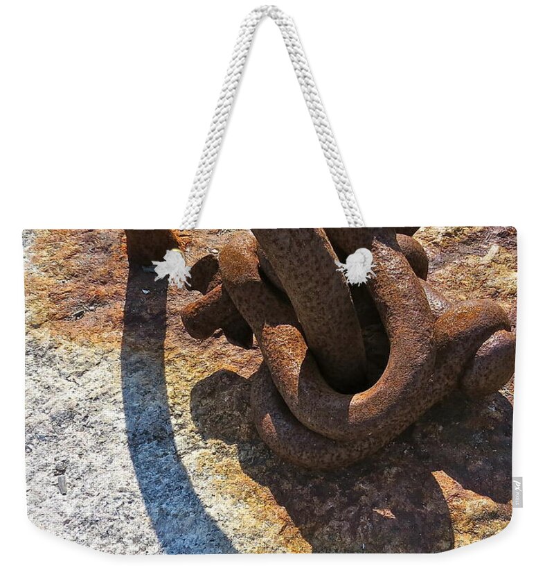 Rusty Hook Weekender Tote Bag featuring the photograph Shadow Of The Past by Nancy Patterson