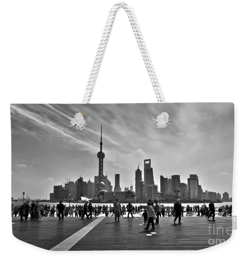 Shanghai Weekender Tote Bag featuring the photograph Shanghai skyline black and white by Delphimages Photo Creations