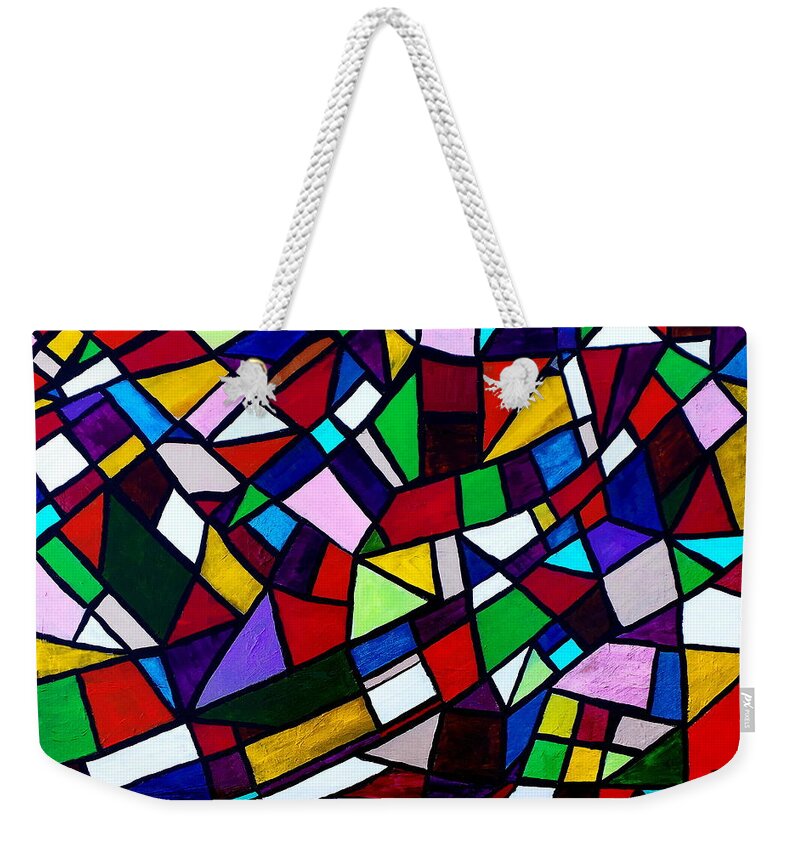 Stained Glass Weekender Tote Bag featuring the mixed media Shattered by Deborah Stanley