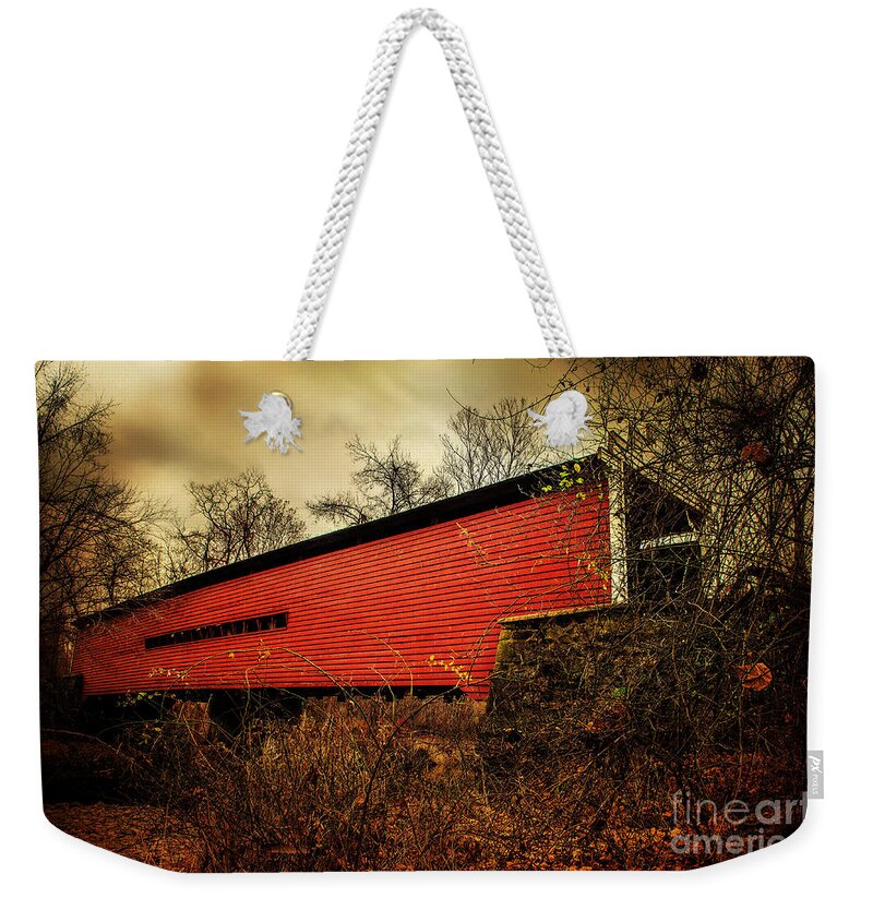 Covered Bridge Weekender Tote Bag featuring the photograph Sheeder Hall Covered Bridge 2 by Judy Wolinsky