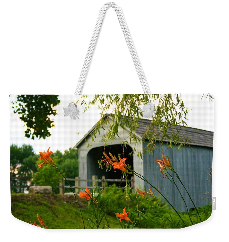 Berkshire Scenery Weekender Tote Bag featuring the photograph Sheffield Covered Bridge Behind the Daylilies by Kristin Hatt