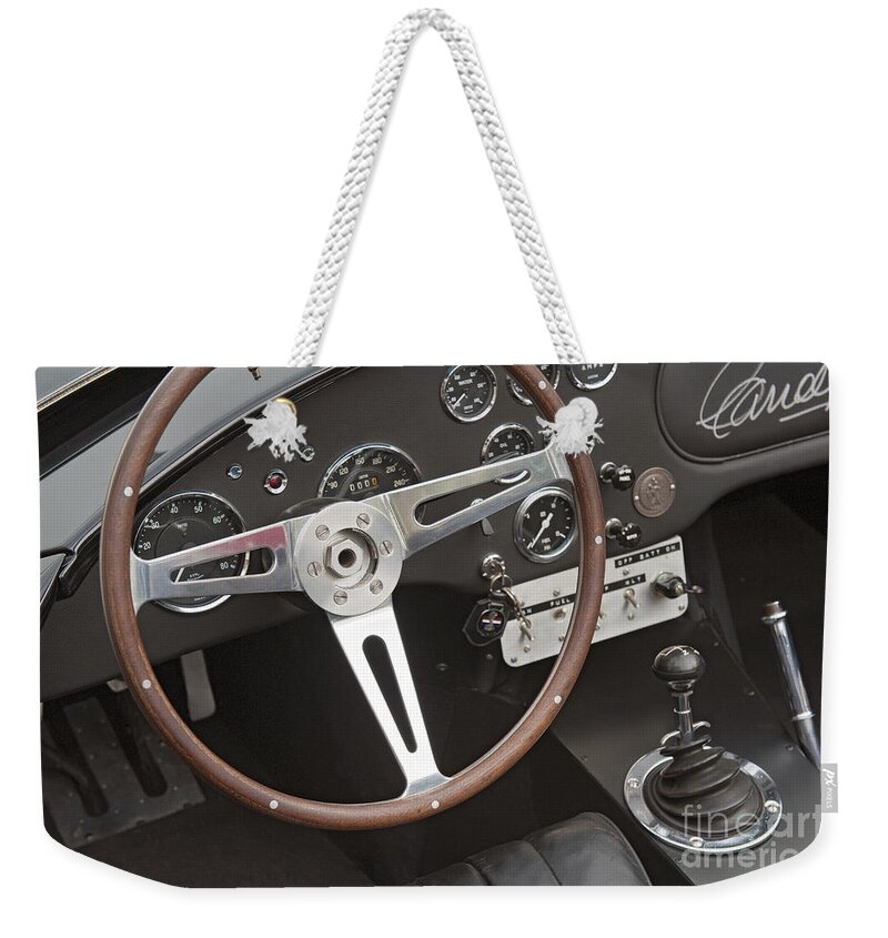 Shelby Motors Weekender Tote Bag featuring the photograph Shelby Motors Roadster signed by Carroll Shelby by David Zanzinger