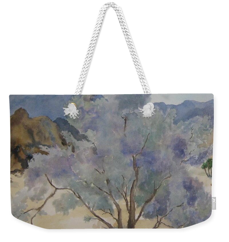 Smoketree Weekender Tote Bag featuring the painting Smoketree in Bloom by Maria Hunt