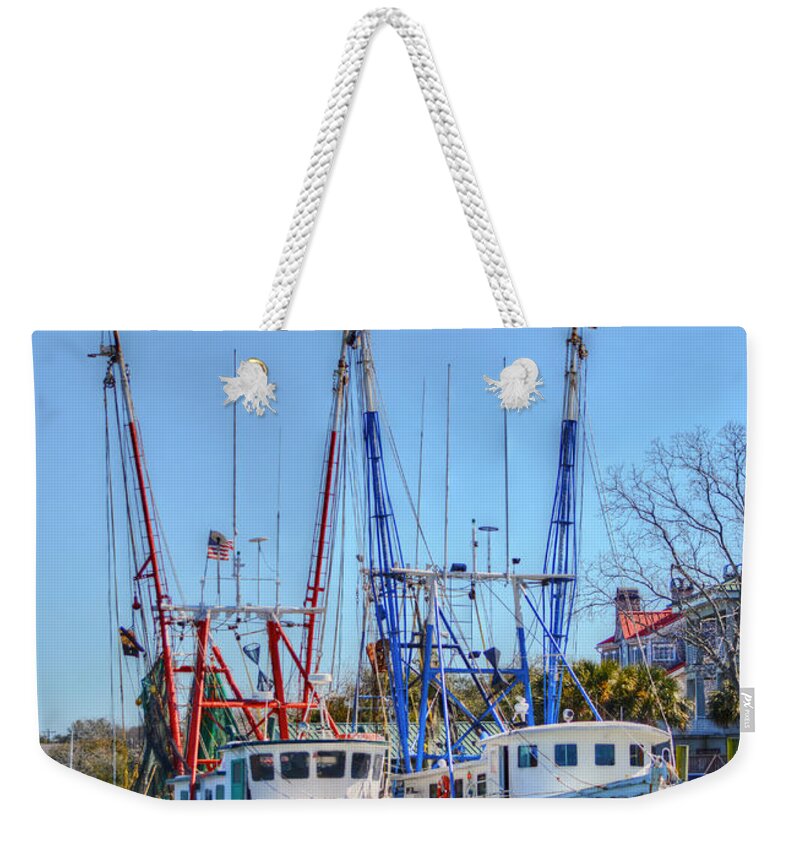 Scenic Weekender Tote Bag featuring the photograph Shem Creek Shrimp Boats by Kathy Baccari