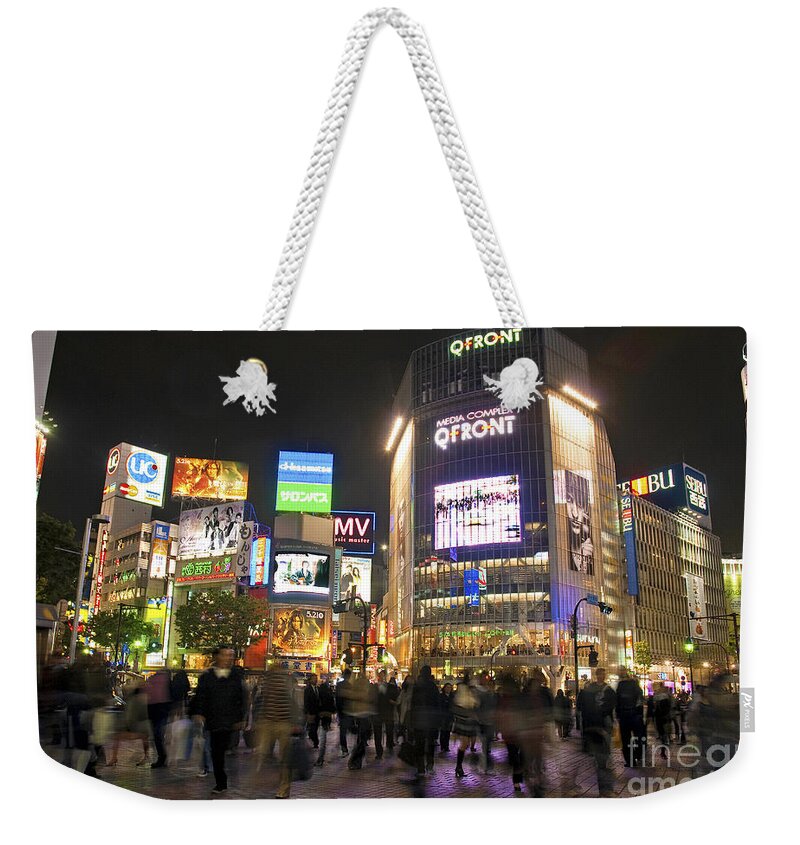 Shibuya Weekender Tote Bag featuring the photograph Shibuya crossing at night tokyo japan by JM Travel Photography