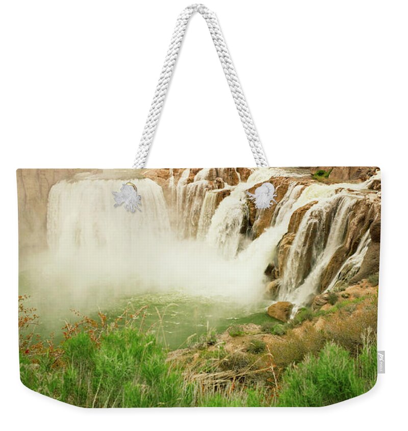 Scenics Weekender Tote Bag featuring the photograph Shoshone Falls At Sunset by Powerofforever