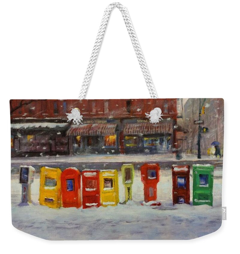 Landscape Weekender Tote Bag featuring the painting Sidewalk Sentinels in Early Snow by Peter Salwen