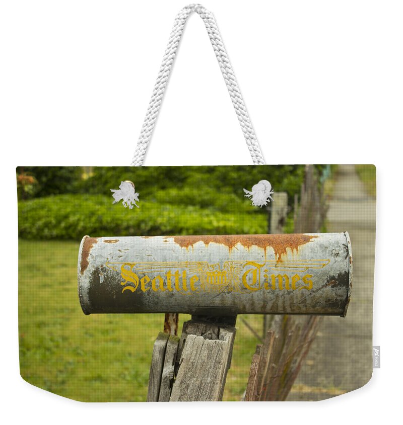 Newspaper Holder Weekender Tote Bag featuring the photograph Sign of the Times Seattle Times by Cathy Anderson