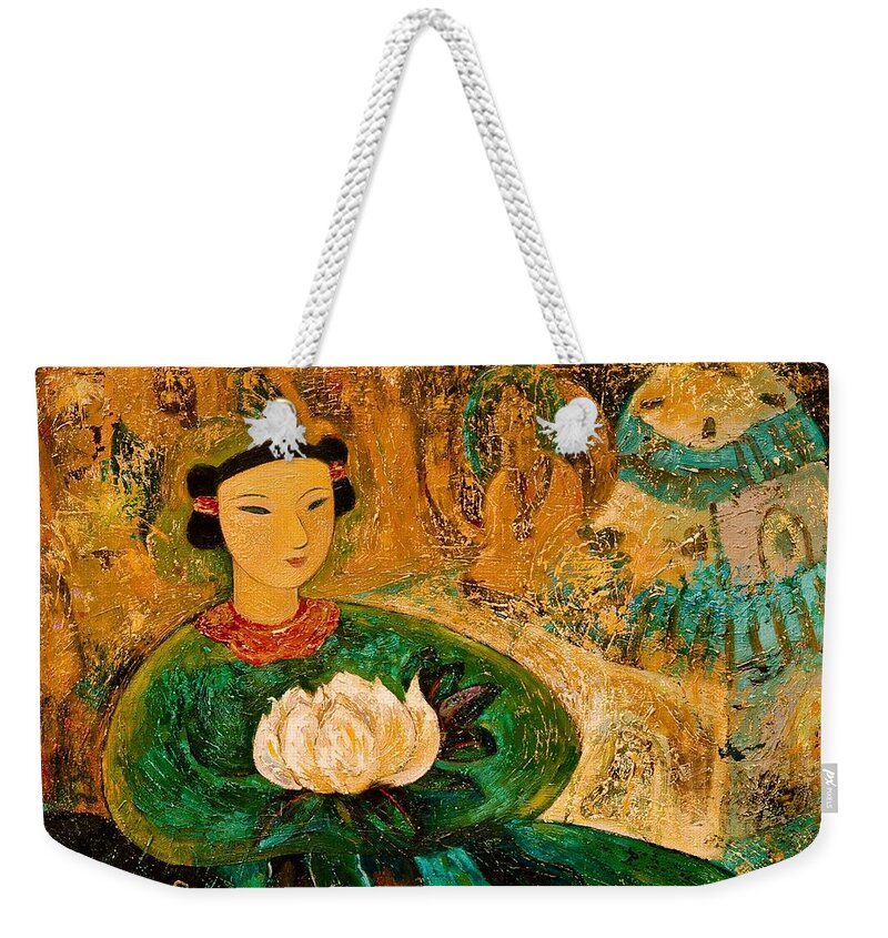 Portrait Weekender Tote Bag featuring the painting Silent Lotus by Shijun Munns
