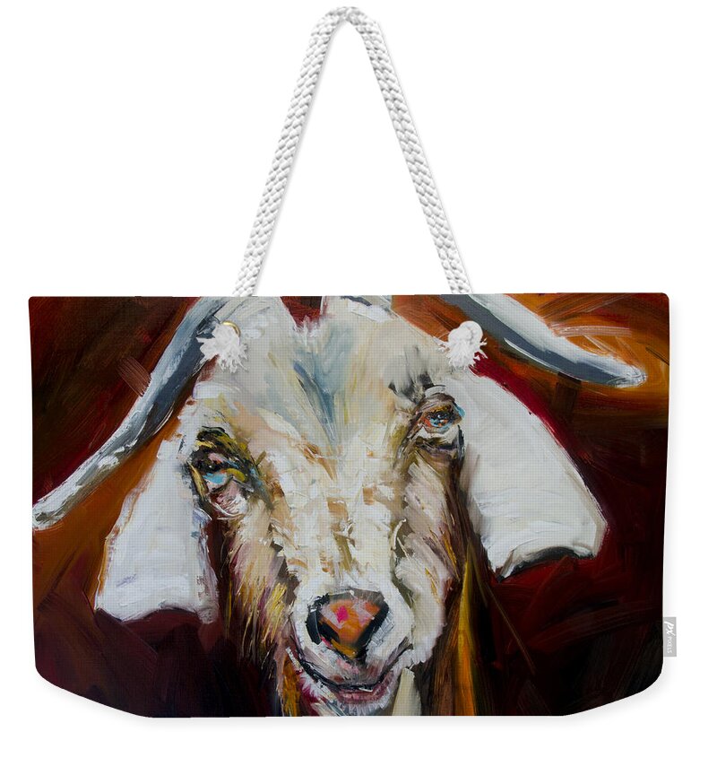Diane Whitehead Goat Art Weekender Tote Bag featuring the painting Silly Goat by Diane Whitehead