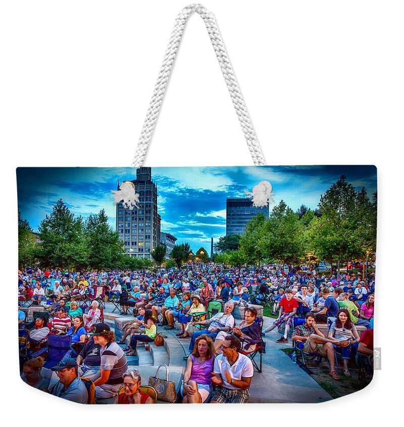 Asheville Weekender Tote Bag featuring the digital art Shindig on the Green Crowd by John Haldane