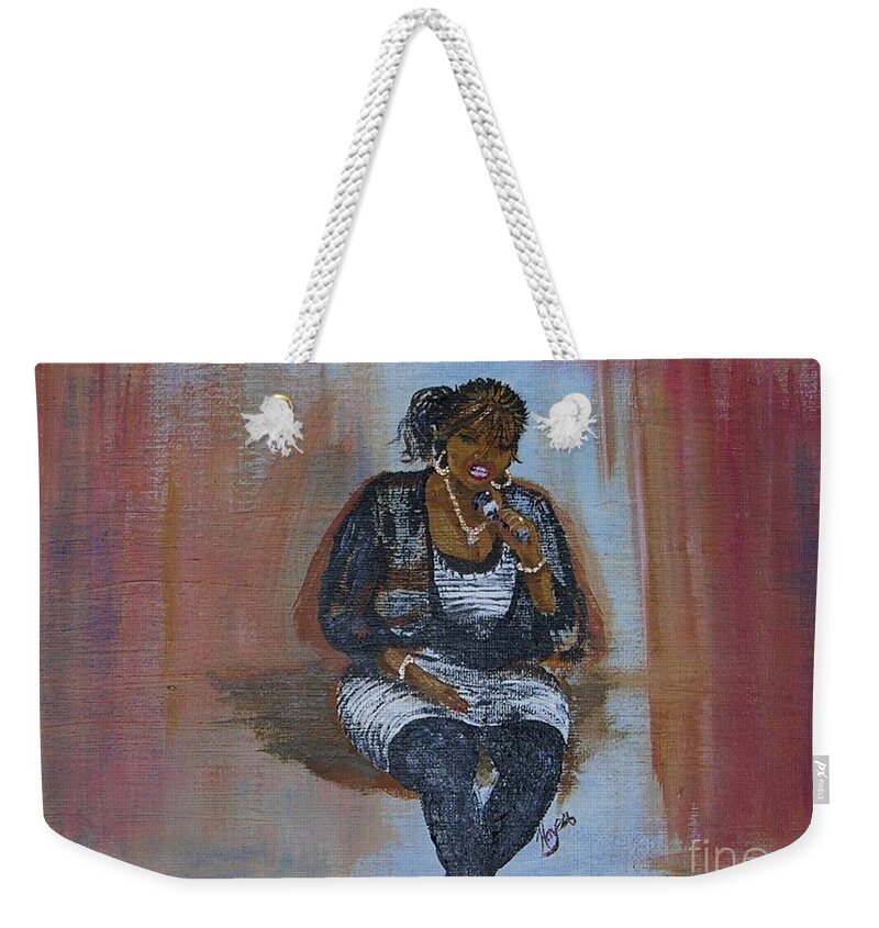 Woman Singing Into Microphone Weekender Tote Bag featuring the painting Sing Sandy Sing by Barbara Hayes
