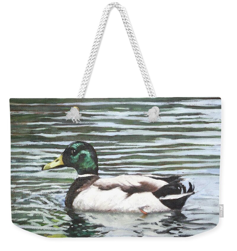 Mallard Weekender Tote Bag featuring the painting Single mallard duck in water by Martin Davey