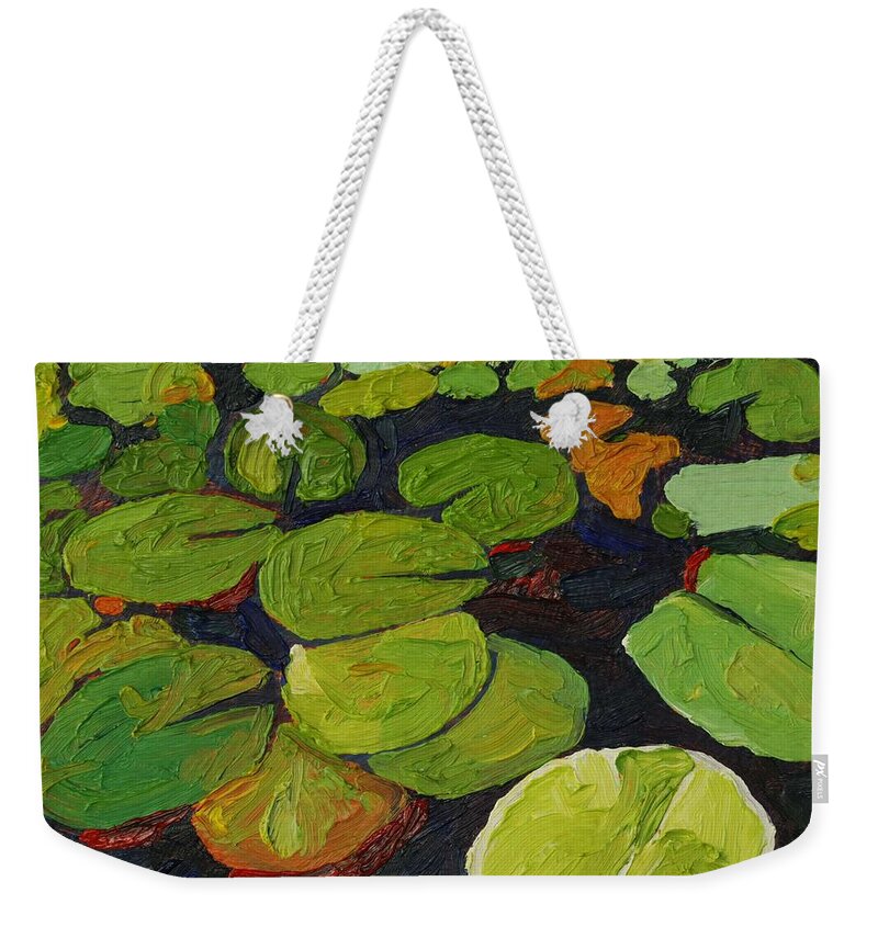 Floral Weekender Tote Bag featuring the painting Singleton Lily Pads by Phil Chadwick