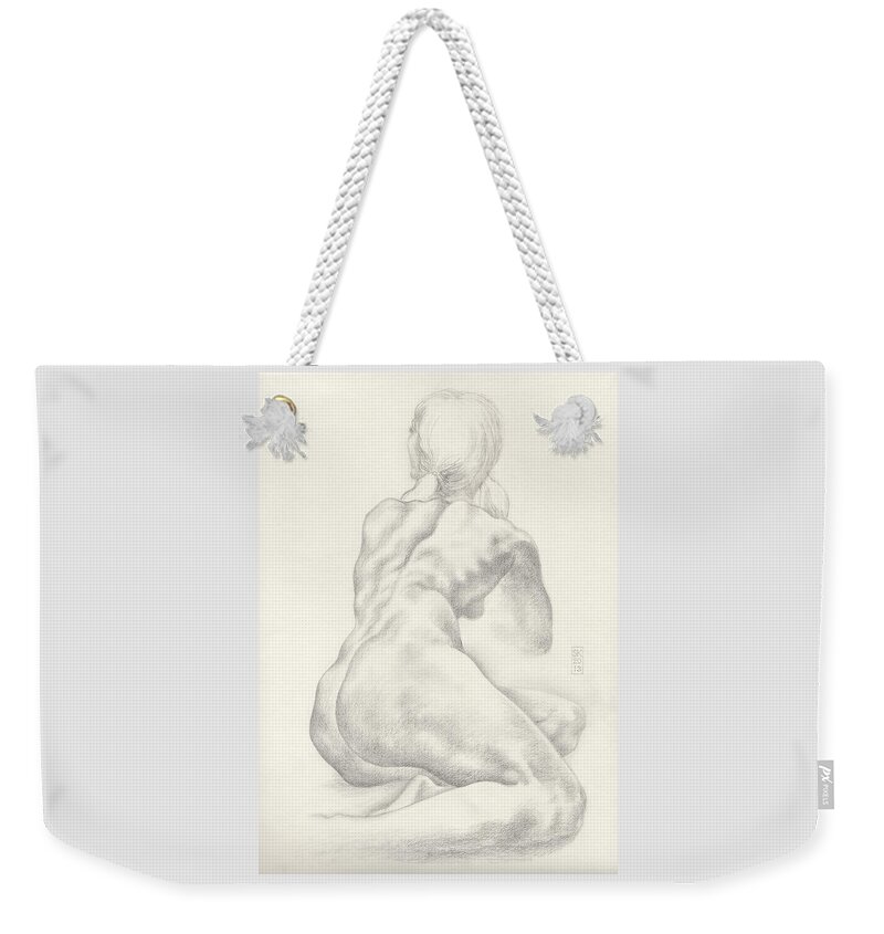 Female Nude Weekender Tote Bag featuring the drawing Sitting Female Nude in 4B Graphite with Twin Pony Tails Seen from Behind Looking Up to Her Left by Scott Kirkman