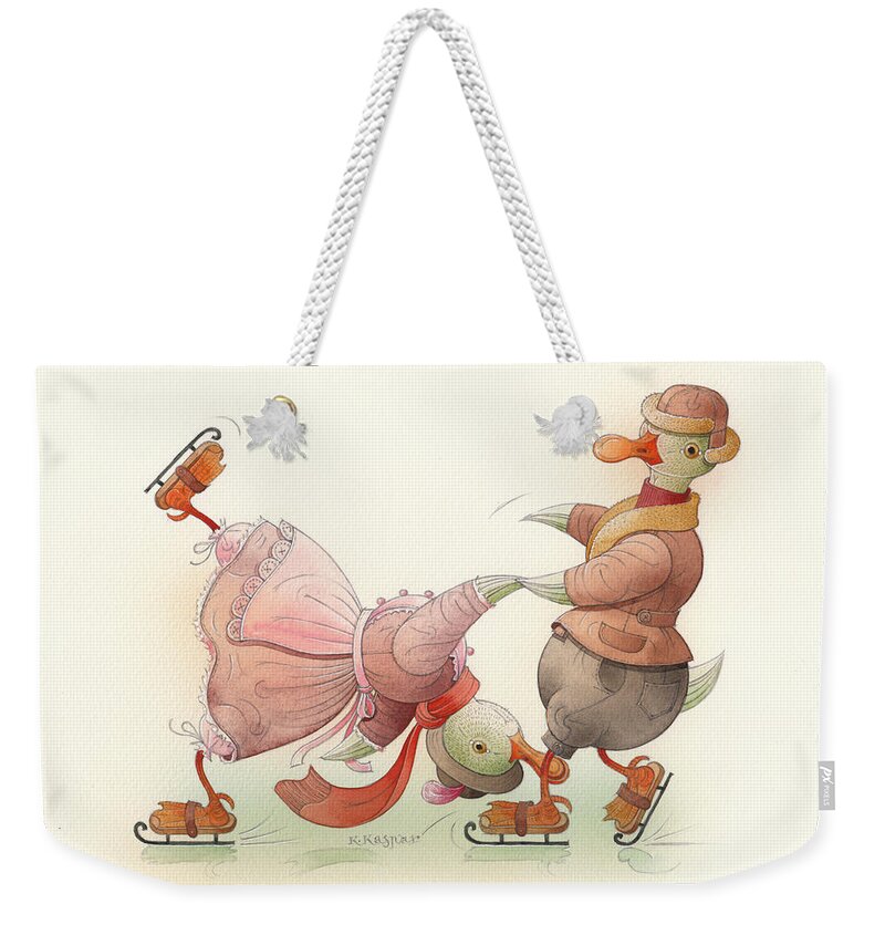 Christmas Winter Greeting Cards Ice Snow Dance Duck Holiday Weekender Tote Bag featuring the painting Skating Ducks 5 by Kestutis Kasparavicius