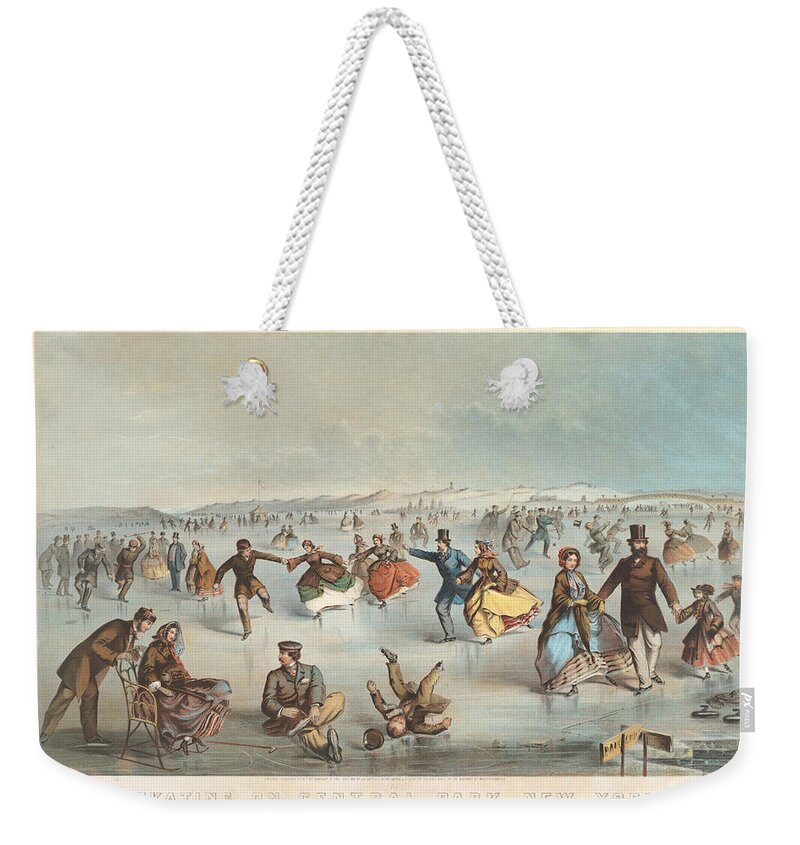 Winslow Homer Weekender Tote Bag featuring the drawing Skating in Central Park. New York by Winslow Homer