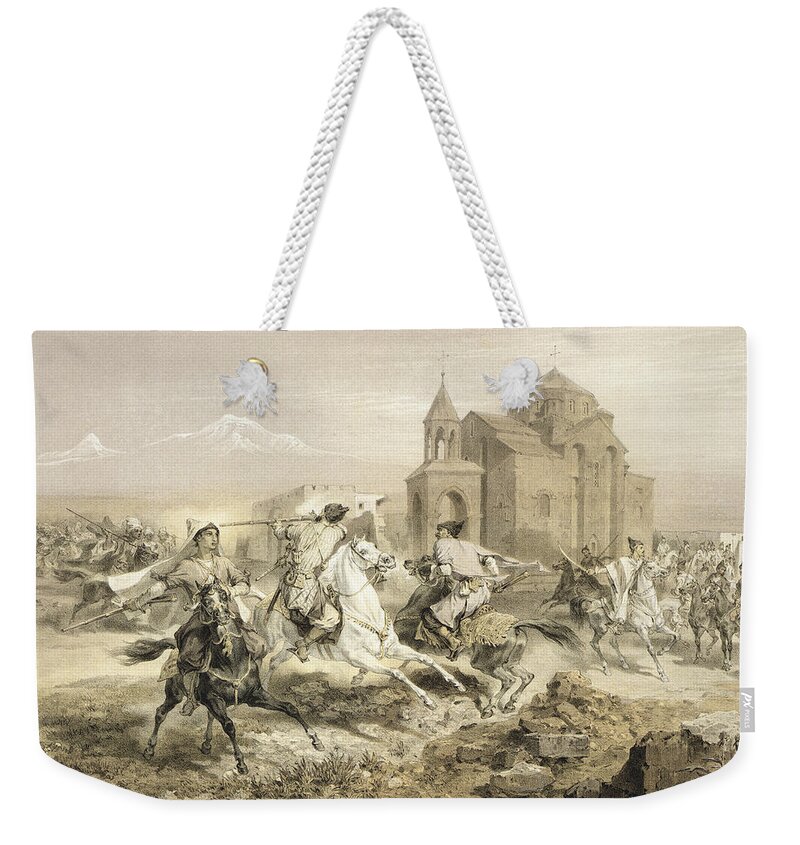 Fight Weekender Tote Bag featuring the drawing Skirmish Of Persians And Kurds by Grigori Grigorevich Gagarin