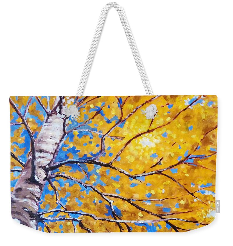 Birch Tree Weekender Tote Bag featuring the painting Sky Birch by Nancy Merkle