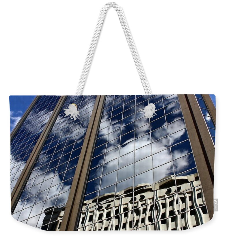 Urban Weekender Tote Bag featuring the photograph Urban Office Tower Reflection by Linda Bianic