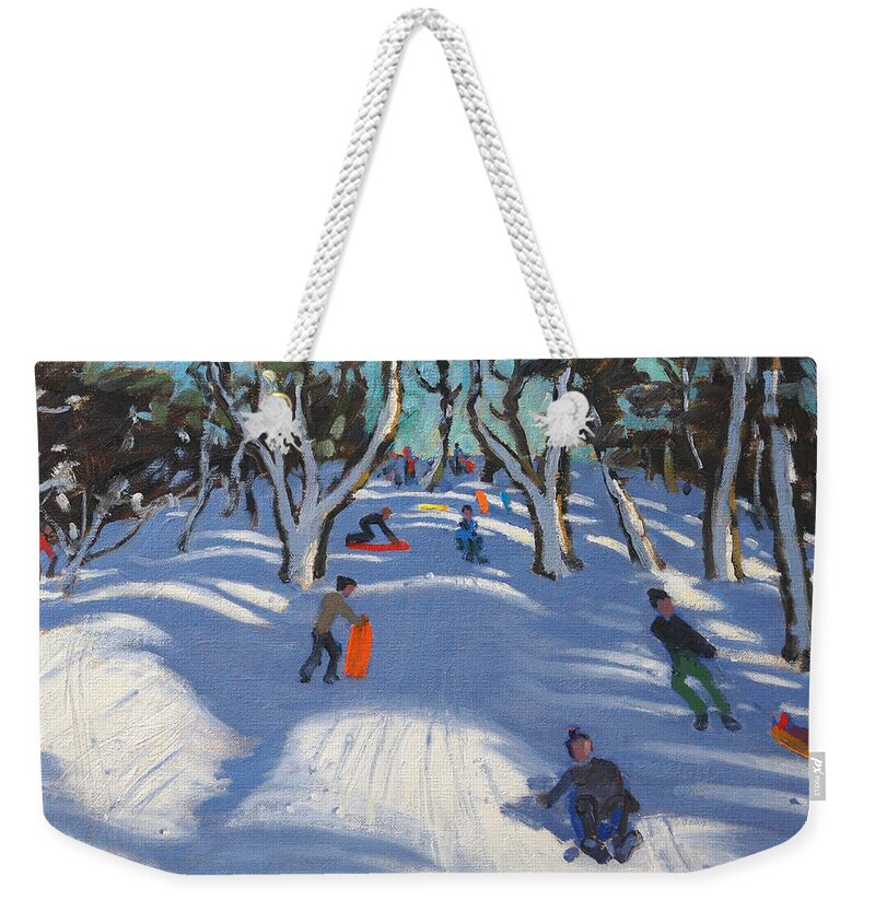 Winter Weekender Tote Bag featuring the painting Sledging at Ladmanlow by Andrew Macara