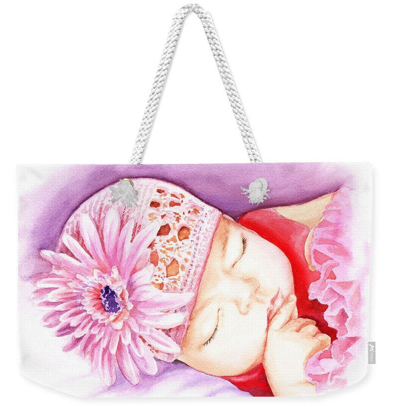 Sleeping Baby Weekender Tote Bag featuring the painting Sleeping Baby by Irina Sztukowski